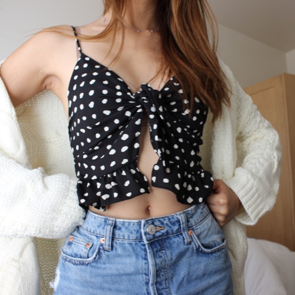 Tie front polka dot blouse
